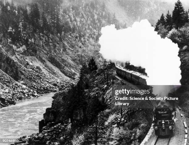 London Midland & Scottish steam locomotive No 6100 Royal Scot in the Rocky Mountains in British Columbia during the engine's tour of the Canadian...