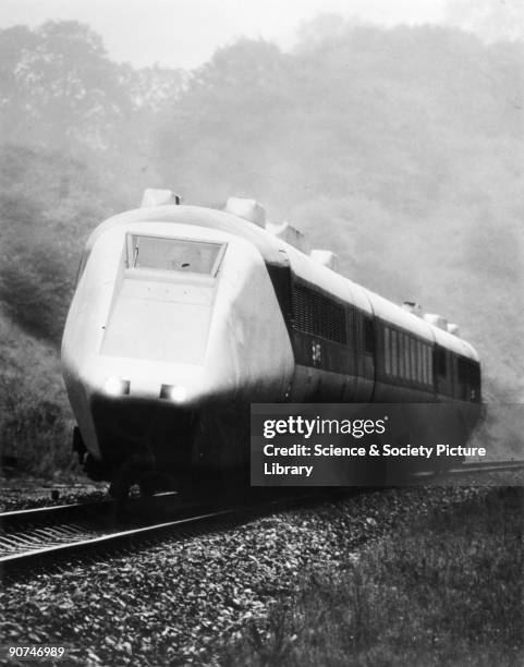 Undergoing trials on British Rail's Old Dalby test track in 1973. Built in 1971, the gas turbine powered 'tilting train' did not prove a success....