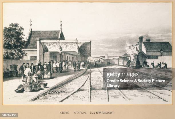 Lithograph, drawn and lithographed by Arthur Fitzwilliam Tait showing passengers awaiting a train on Crewe Station, on the London & North Western...