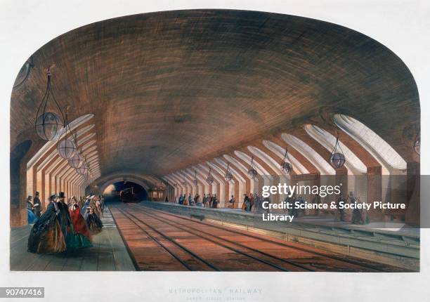 Chromolithograph by the Kell Brothers after their original drawing, showing passengers waiting on platforms at Baker Street underground station. A...