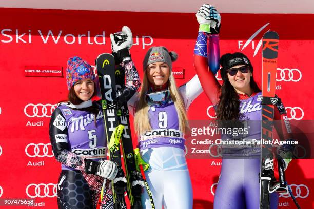 Tina Weirather of Liechtenstein takes 2nd place, Lindsey Vonn of USA takes 1st place, Jacqueline Wiles of USA takes 3rd place during the Audi FIS...