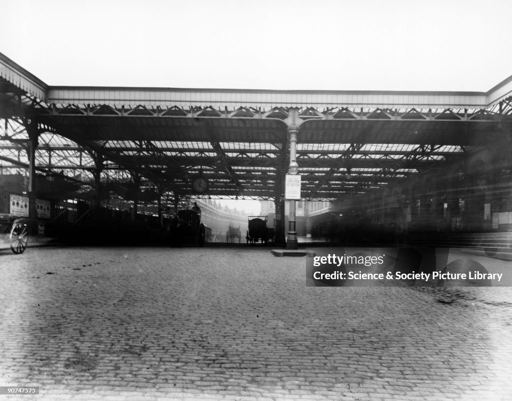 Waterloo Station, London, c 1900. The cab r
