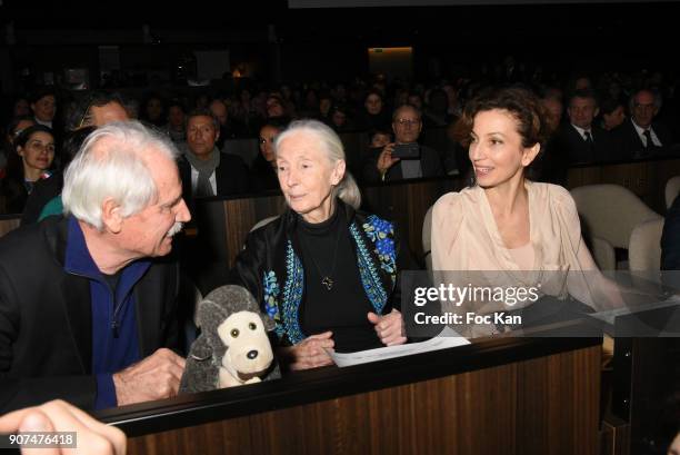 Yann Arthus Bertrand, Dr Jane GoodallÊ and minister Audrey Azoulay attend 'Jane' National Geographic Documentary on Jane Goodall Premiere at UNESCO...