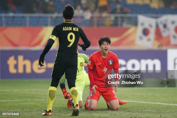 Lee Keun Ho of South Korea reacts during AFC U23 Championship Quarter-final between South Korea and Malaysia at Kunshan Sports Center on January 20,...