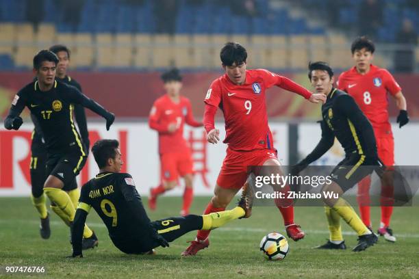 Lee Keun Ho of South Korea controls the ball during AFC U23 Championship Quarter-final between South Korea and Malaysia at Kunshan Sports Center on...