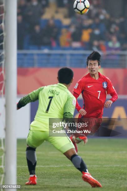 Kim Moonhwan of South Korea head shots during AFC U23 Championship Quarter-final between South Korea and Malaysia at Kunshan Sports Center on January...