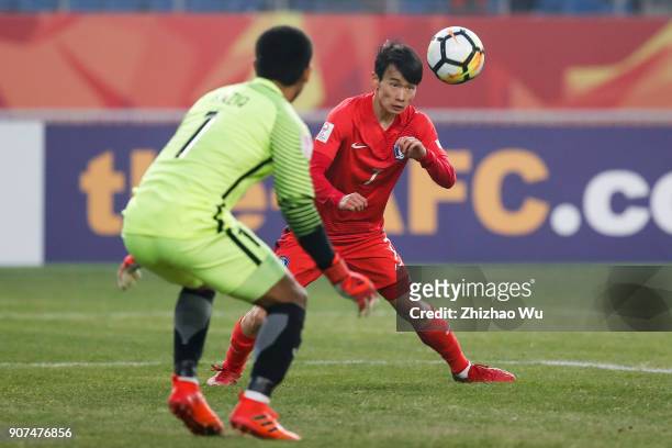 Kim Moonhwan of South Korea head shots during AFC U23 Championship Quarter-final between South Korea and Malaysia at Kunshan Sports Center on January...