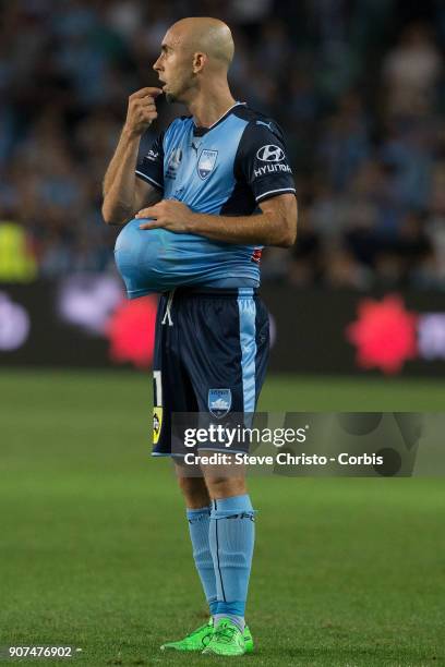 Adrian Mierzejewski of Sydney FC cleans the ball before taking a free kick during the round 17 A-League match between Sydney FC and the Central Coast...