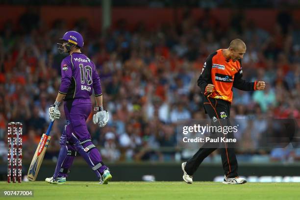 Ashton Agar of the Scorchers celebrates the wicket of Ben McDermott of the Hurricanes during the Big Bash League match between the Perth Scorchers...