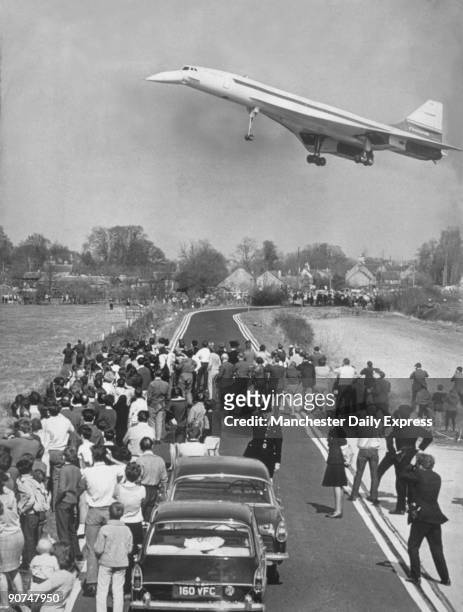 Concorde's maiden flight, Fairford, Gloucestershire, 10 April 1969. 'Britain's Concorde 002 made a 21 minute flight into the seventies yesterday and...