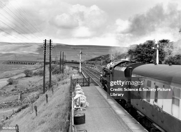 Sherwood Forester' 4-6-0 steam locomotive No 46112 at Garsdale Station, Cumbria. This Royal Scot locomotive is seen here on the Settle to Carlisle...