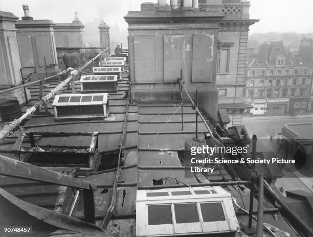 Air raid damage to the roof of the Great Western Royal Hotel, Paddington Station, London, Second World War, 20 February 1944. The hotel was designed...