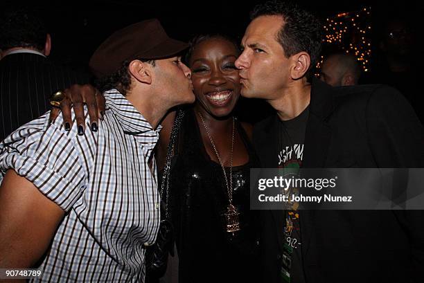 Phillip Bloch, Estelle, and Craig Kallman attend the Lyor Cohen, Warner Brothers and Atlantic Records VMA after party at Abe & Arthur on September...