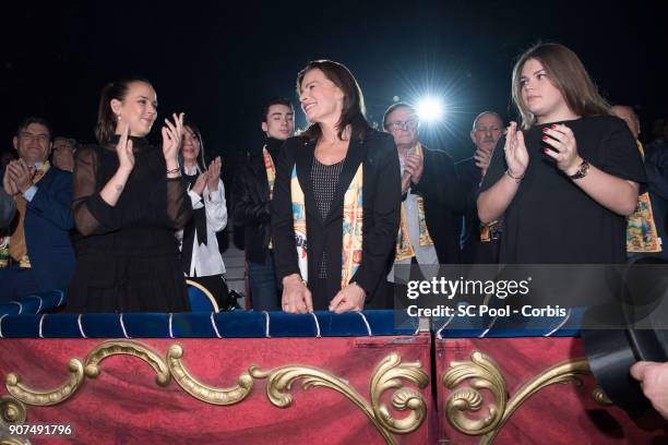 Pauline Ducruet, Princess Stephanie of Monaco and Camille Gottlieb attend the 42nd International Circus Festival in Monte Carlo on January 19, 2018...