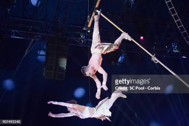 Acrobats perform during the 42nd International Circus Festival in Monte Carlo on January 19, 2018 in Monaco, Monaco.