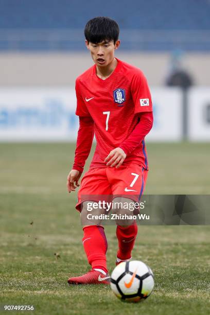 Kim Moonhwan of South Korea controls the ball during AFC U23 Championship Quarter-final between South Korea and Malaysia at Kunshan Sports Center on...