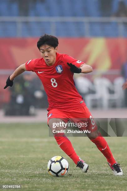 Han Seunggyu of South Korea in action during AFC U23 Championship Quarter-final between South Korea and Malaysia at Kunshan Sports Center on January...