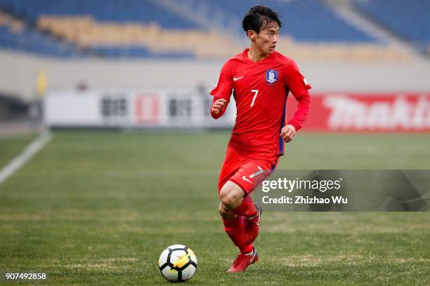 Kim Moonhwan of South Korea controls the ball during AFC U23 Championship Quarter-final between South Korea and Malaysia at Kunshan Sports Center on...