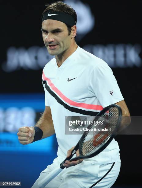 Roger Federer of Switzerland celebrates a point in his third round match against Richard Gasquet of France on day six of the 2018 Australian Open at...