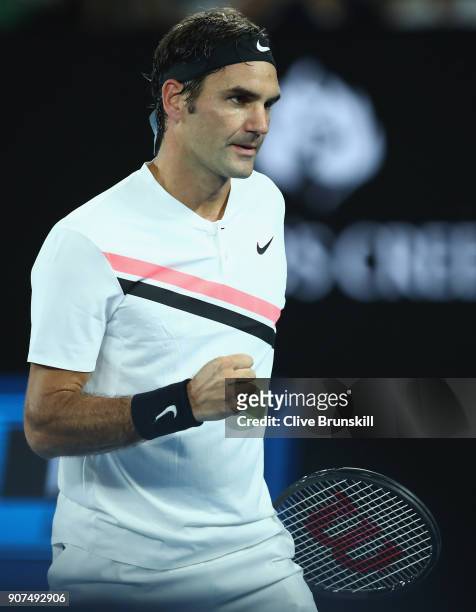 Roger Federer of Switzerland celebrates a point in his third round match against Richard Gasquet of France on day six of the 2018 Australian Open at...