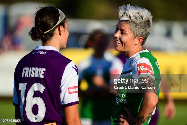 Michelle Heyman of Canberra United chats with Amanda Frisbie of Perth Glory after the draw during the round 12 W-League match between the Perth Glory...