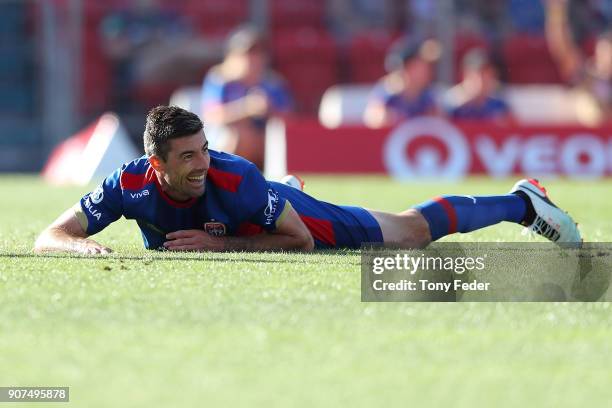 Jason Hoffman of the Jets during the round 17 A-League match between the Newcastle Jets and Wellington Phoenix at McDonald Jones Stadium on January...