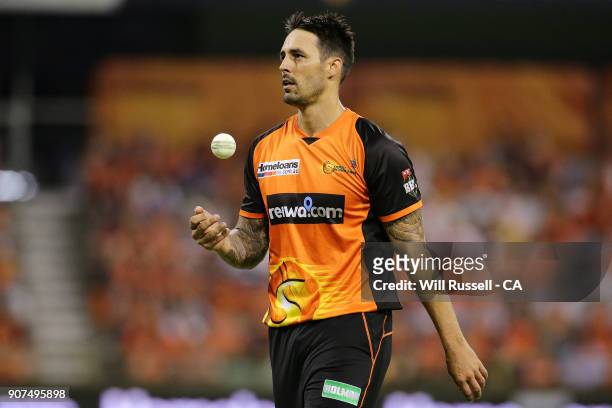 Mitchell Johnson of the Scorchers prepares to bowl during the Big Bash League match between the Perth Scorchers and the Hobart Hurricanes at WACA on...