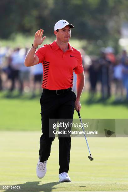 Rory McIlroy of Northern Ireland celebrates after chipping in for birdie on the 17th hole during round three of the Abu Dhabi HSBC Golf Championship...