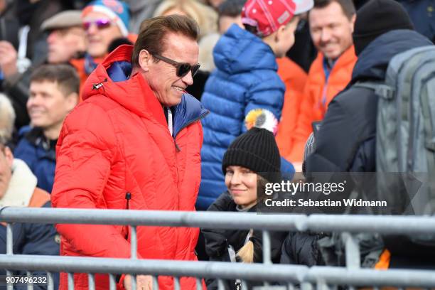 Arnold Schwarzenegger smiles during the Hahnenkamm race on January 20, 2018 in Kitzbuehel, Austria.