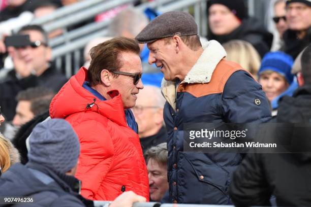 Arnold Schwarzenegger and Ralf Moeller attend the Hahnenkamm race on January 20, 2018 in Kitzbuehel, Austria.