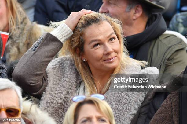 Franziska van Almsick smiles during the Hahnenkamm race on January 20, 2018 in Kitzbuehel, Austria.