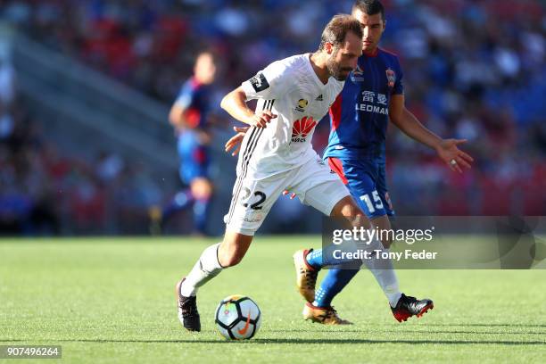 Andrew Durante of the Phoenix controls the ball during the round 17 A-League match between the Newcastle Jets and Wellington Phoenix at McDonald...