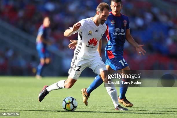 Andrew Durante of the Phoenix controls the ball during the round 17 A-League match between the Newcastle Jets and Wellington Phoenix at McDonald...