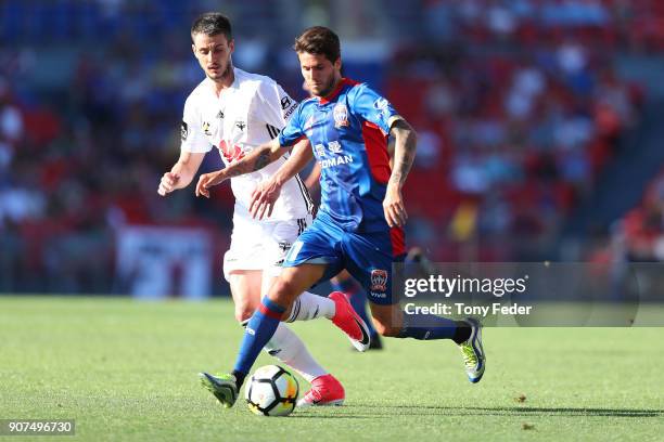 Patricio Rodriguez of the Jets controls the ball during the round 17 A-League match between the Newcastle Jets and Wellington Phoenix at McDonald...