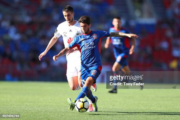 Patricio Rodriguez of the Jets controls the ball during the round 17 A-League match between the Newcastle Jets and Wellington Phoenix at McDonald...
