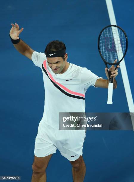 Roger Federer of Switzerland celebrates to the crowd after his straight sets victory in his third round match against Richard Gasquet of France on...