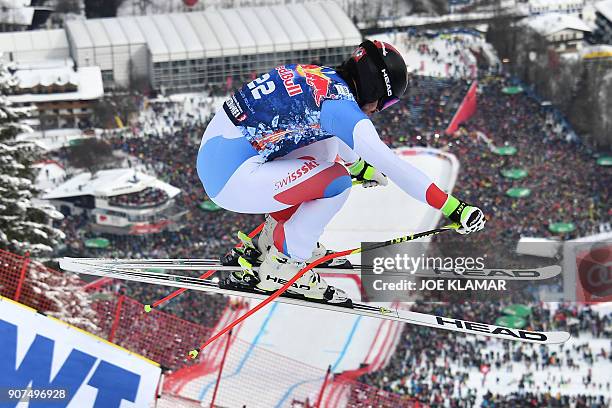 Gilles Roulin of Switzerland competes in the men's downhill event at the FIS Alpine World Cup in Kitzbuehel, Austria on January 20, 2018.
