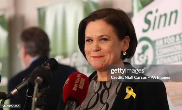 President elect and current deputy leader of the Sinn Fein party Mary Lou McDonald addresses supporters at the Balmoral Hotel in Belfast, after she...
