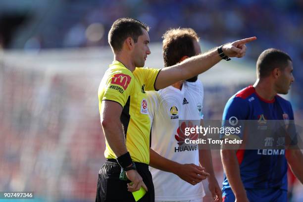 Referee Jarred Gillett during the round 17 A-League match between the Newcastle Jets and Wellington Phoenix at McDonald Jones Stadium on January 20,...