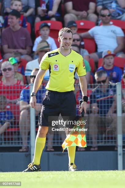 Referee Ryan Gallagher during the round 17 A-League match between the Newcastle Jets and Wellington Phoenix at McDonald Jones Stadium on January 20,...