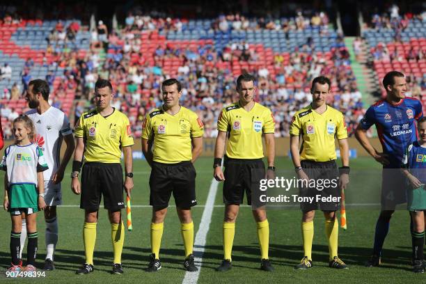 Referees line up before the start of the match during the round 17 A-League match between the Newcastle Jets and Wellington Phoenix at McDonald Jones...