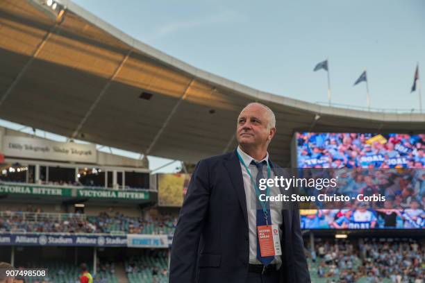 Graham Arnold ofv Sydney FC waves to the crowd before the round 17 A-League match between Sydney FC and the Central Coast Mariners at Allianz Stadium...