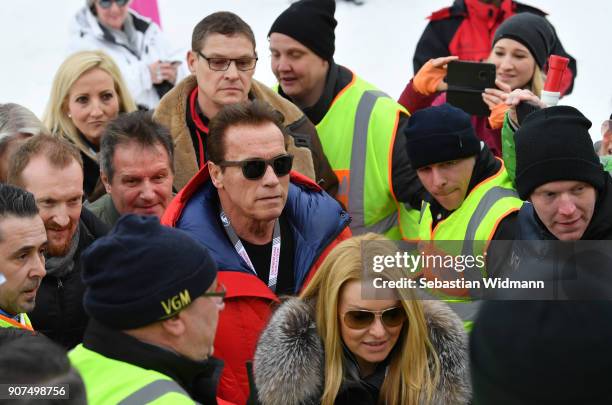 Arnold Schwarzenegger arrives at the Hahnenkamm race on January 20, 2018 in Kitzbuehel, Austria.