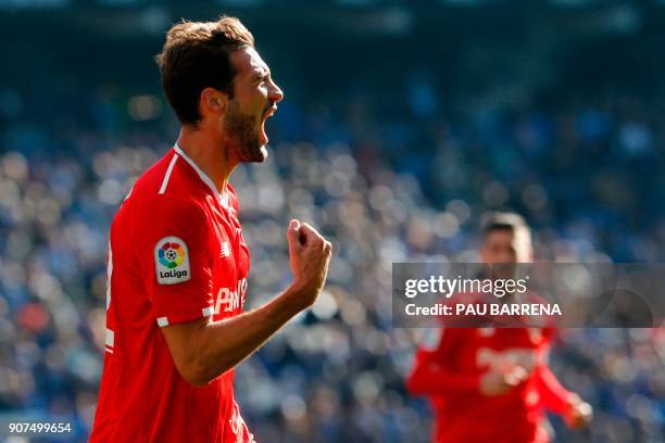 Sevilla's Italian midfielder Franco Vazquez celebrates after scoring a goal during the Spanish league football match between RCD Espanyol and Sevilla...