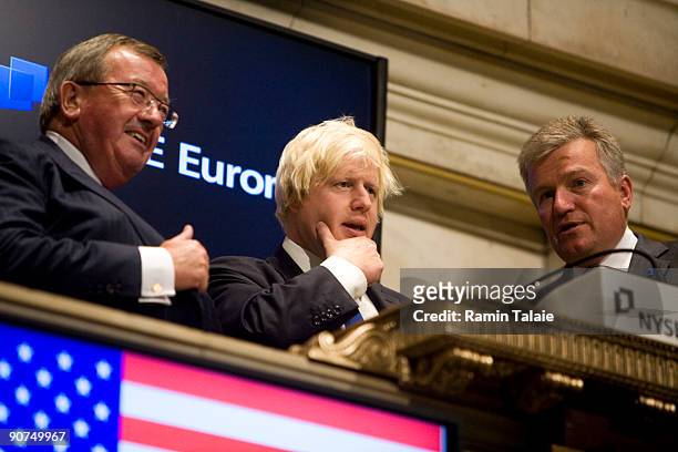 Boris Johnson the mayor of London, flanked by Chief Executive Officer of NYSE-Euronext Duncan Niederauer and City of London Policy Chairman, Stuart...