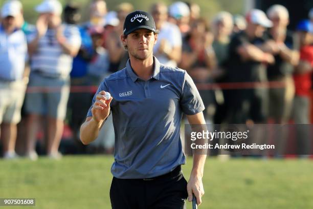 Thomas Pieters of Belgium reacts to his par save on the 18th green during round three of the Abu Dhabi HSBC Golf Championship at Abu Dhabi Golf Club...
