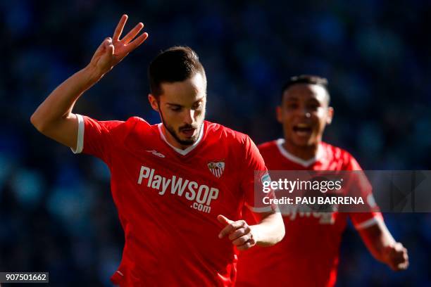 Sevilla's Spanish midfielder Pablo Sarabia celebrates after scoring a goal during the Spanish league football match between RCD Espanyol and Sevilla...