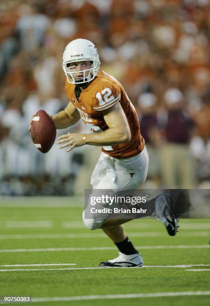 Quarterback Colt McCoy of the Texas Longhorns runs out of the pocket against the Louisiana Monroe Warhawks on September 5, 2009 at Darrell K...