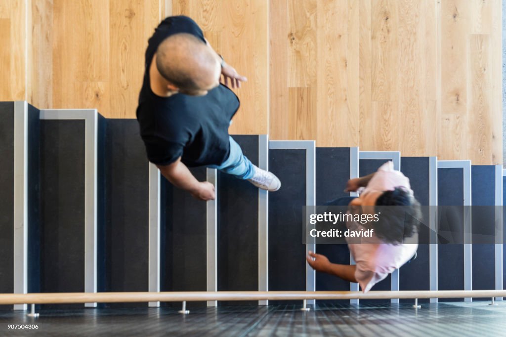 High Angle View of Casually Dressed Business People on Stairs