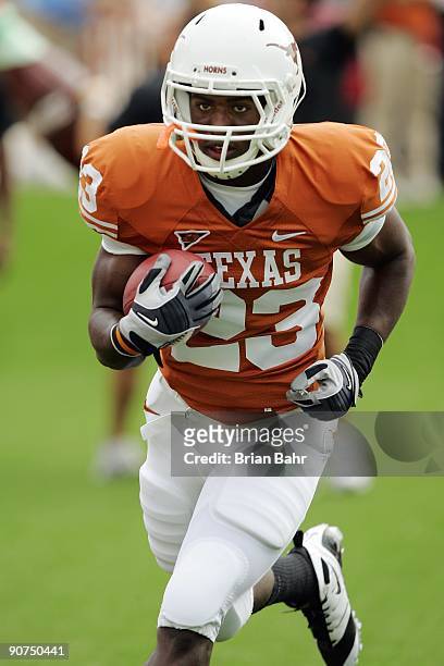 Running back Tre' Newton of the Texas Longhorns warms-up prior to their game against the Louisiana Monroe Warhawks on September 5, 2009 at Darrell K...